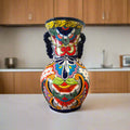 Tall Talavera Vase | Blue Rim Mexican Pottery