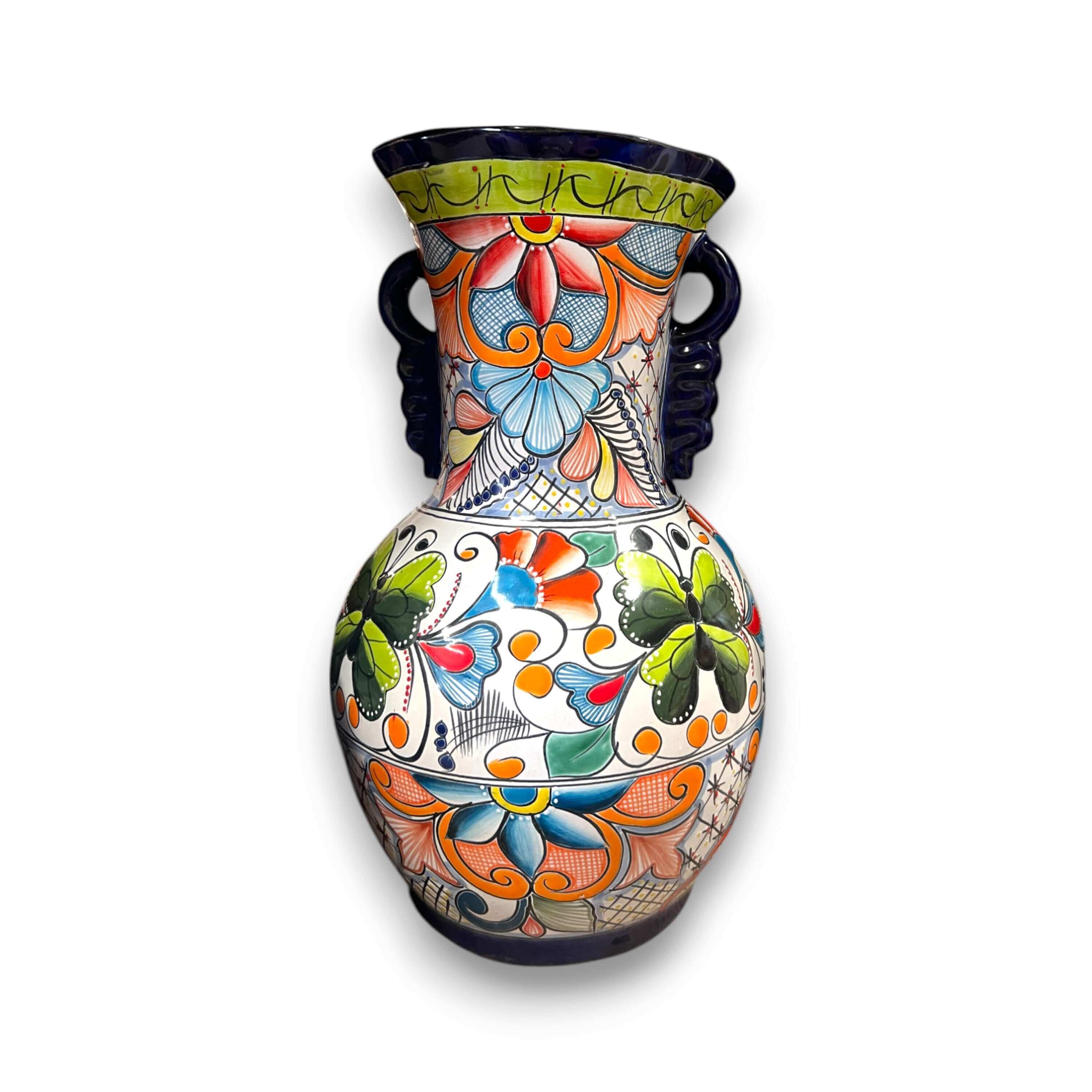 Tall Talavera Vase | Blue Rim Mexican Pottery
