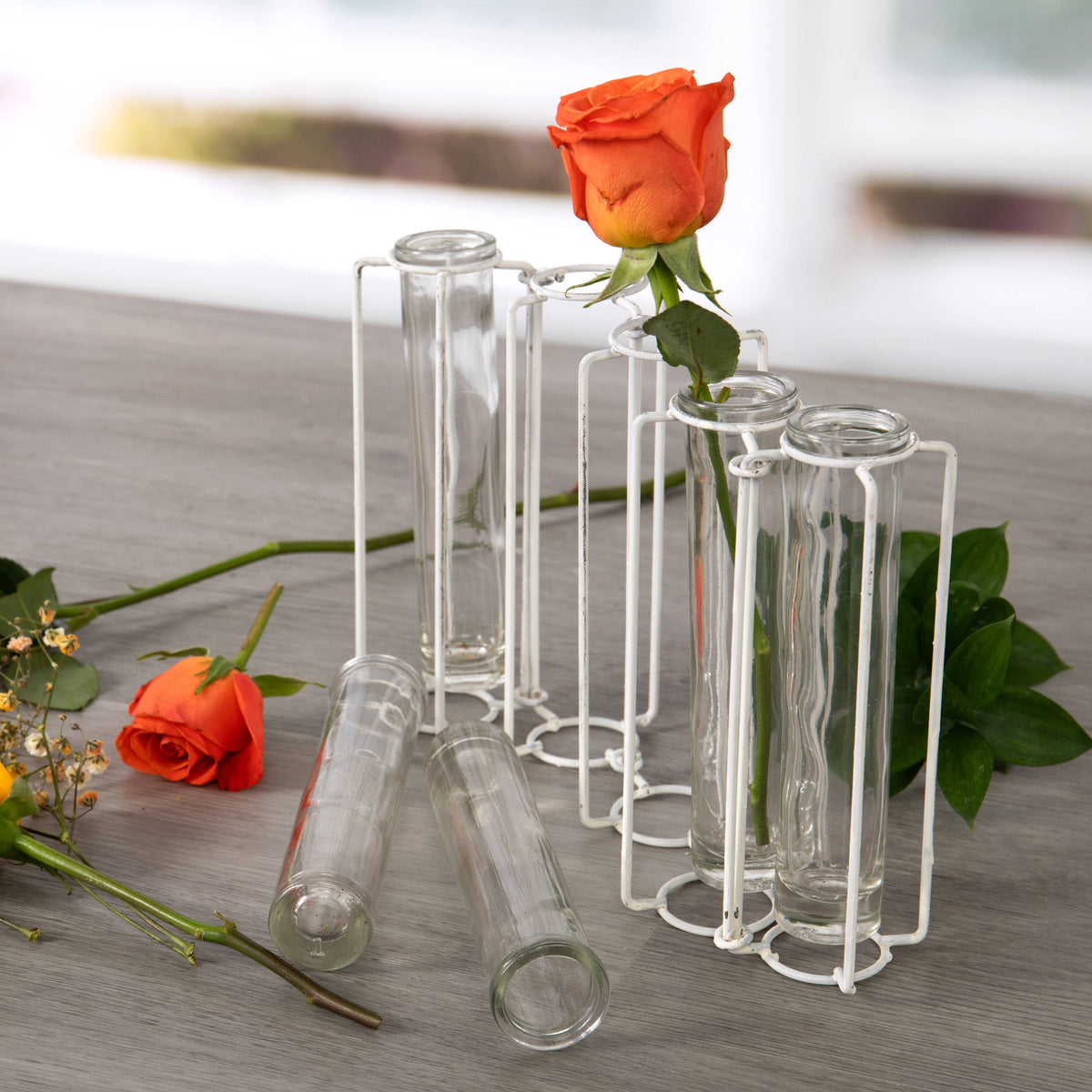 Rustic White Metal and Glass 5 Bud Vase