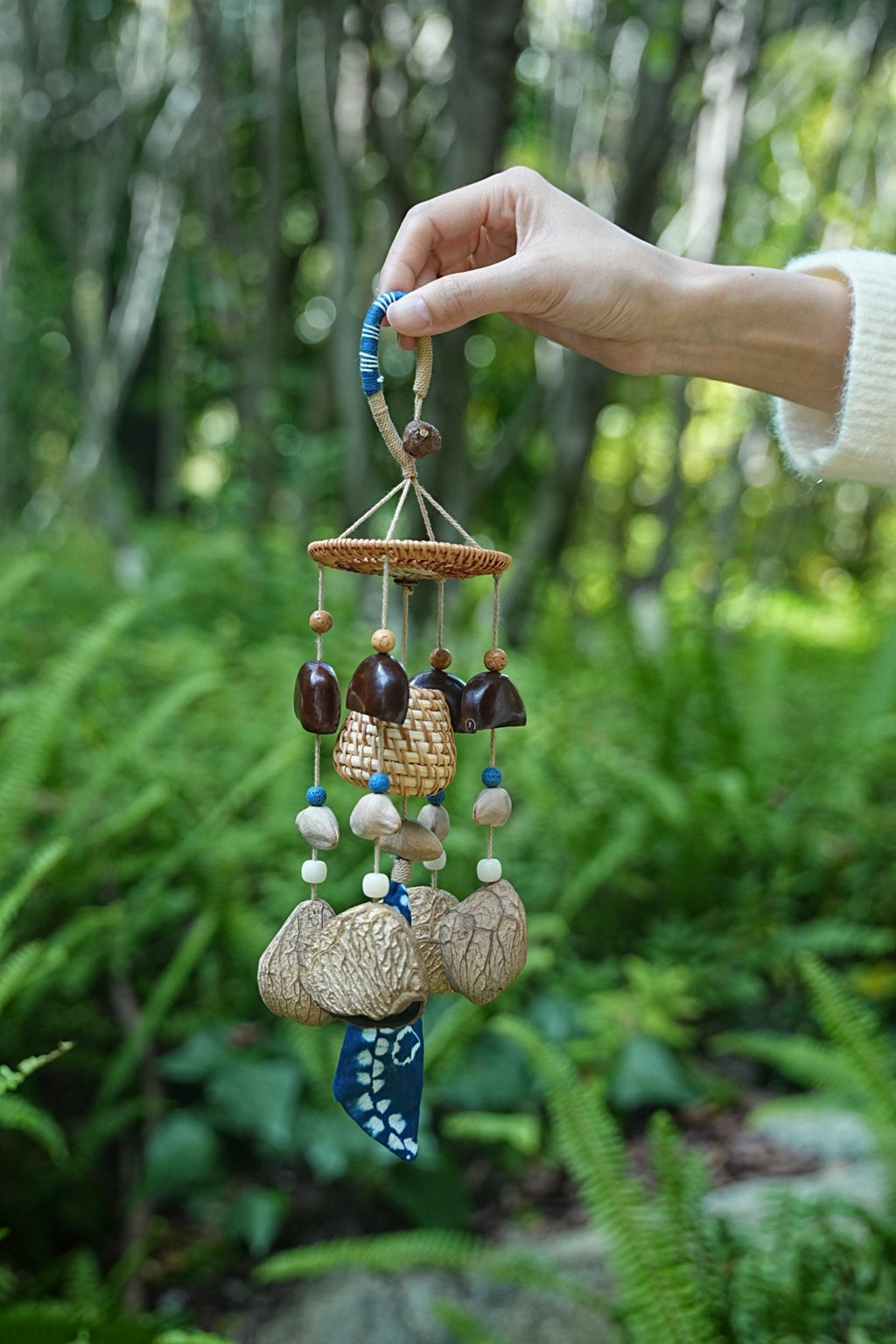 "The Indigo Harvest" - Rattan Basket & Shibori Fabric Seed Wind Chime