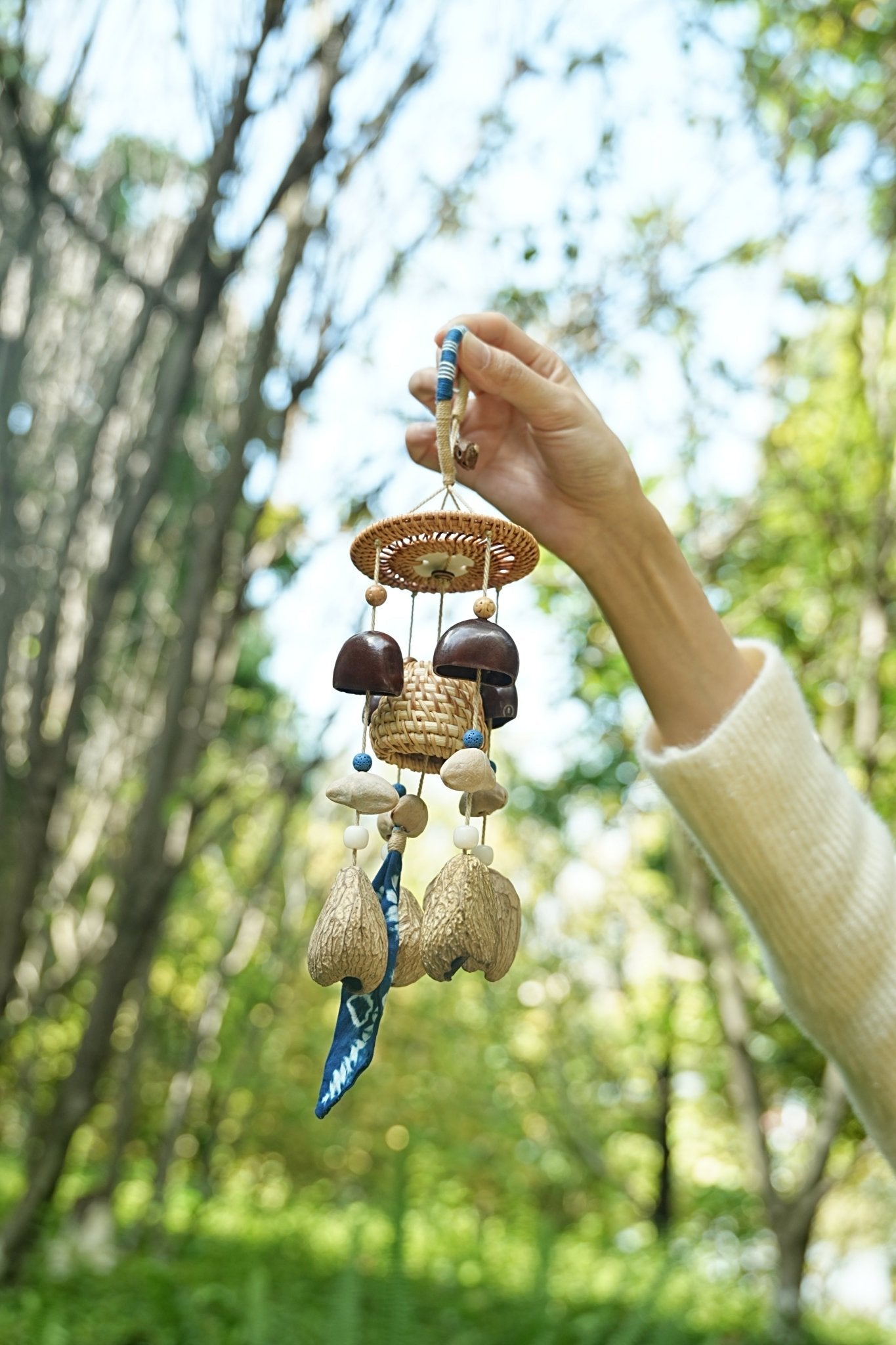 "The Indigo Harvest" - Rattan Basket & Shibori Fabric Seed Wind Chime