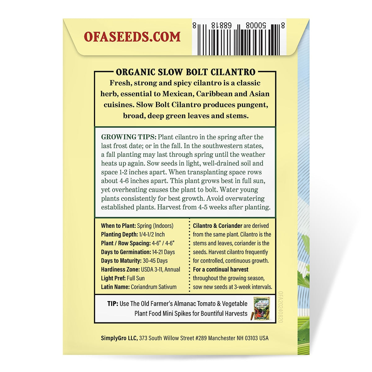 The Old Farmer's Almanac Heirloom Slow Bolt Cilantro Seeds - USDA Organic