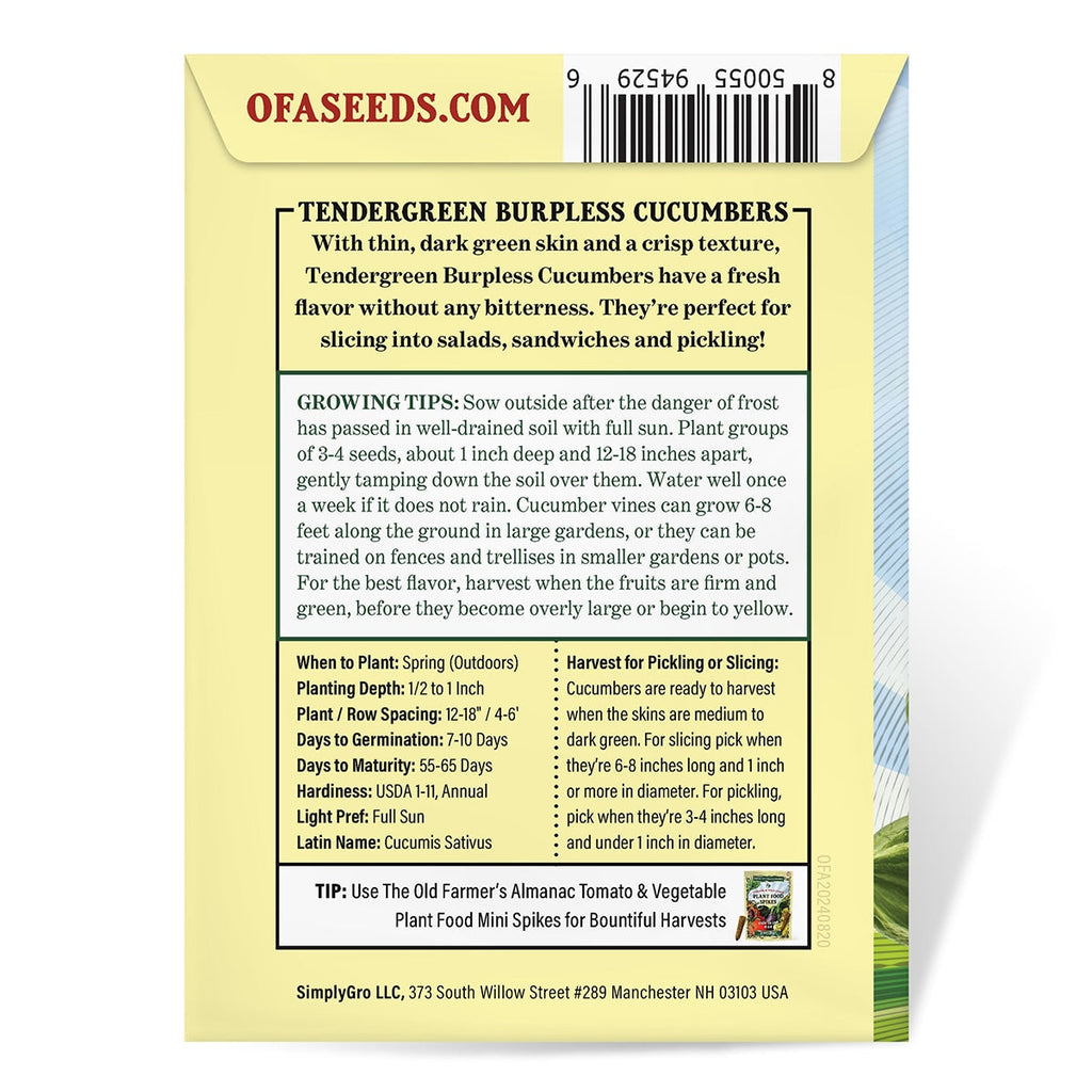 The Old Farmer's Almanac Heirloom Tendergreen Burpless Cucumber Seeds