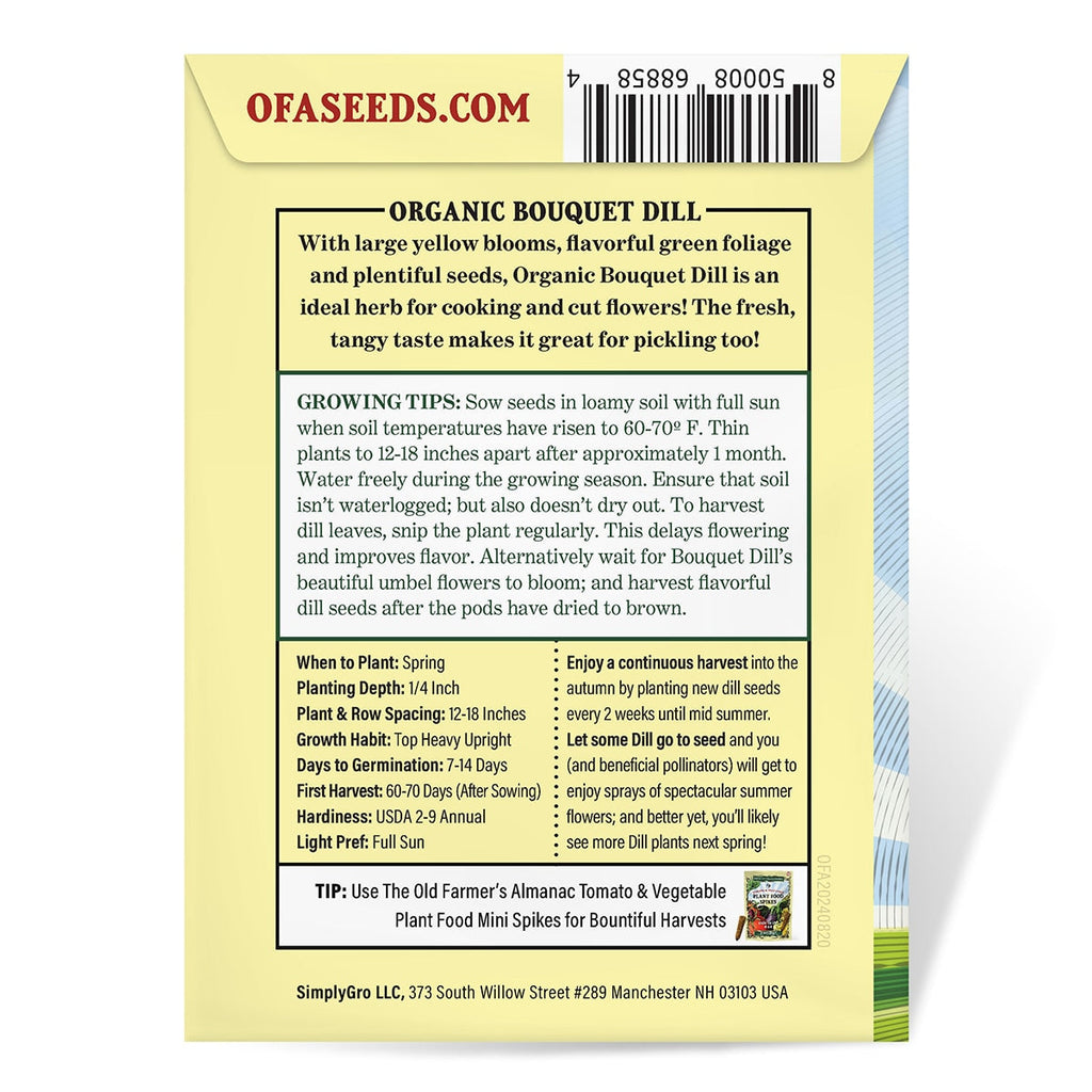 The Old Farmer's Almanac Heirloom Bouquet Dill Seeds - USDA Organic