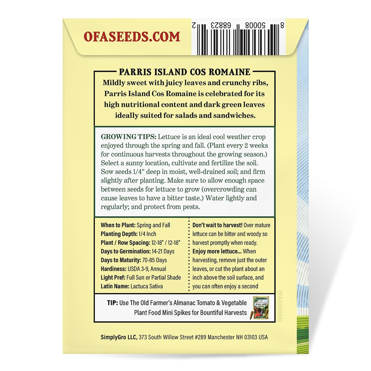 The Old Farmer's Almanac Heirloom Paris Island Cos Romaine Lettuce Seeds