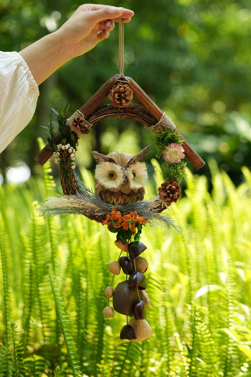 "The Owl's Forest Home" - Natural Wreath Wind Chime with Pinecone Owl & Floral Accents