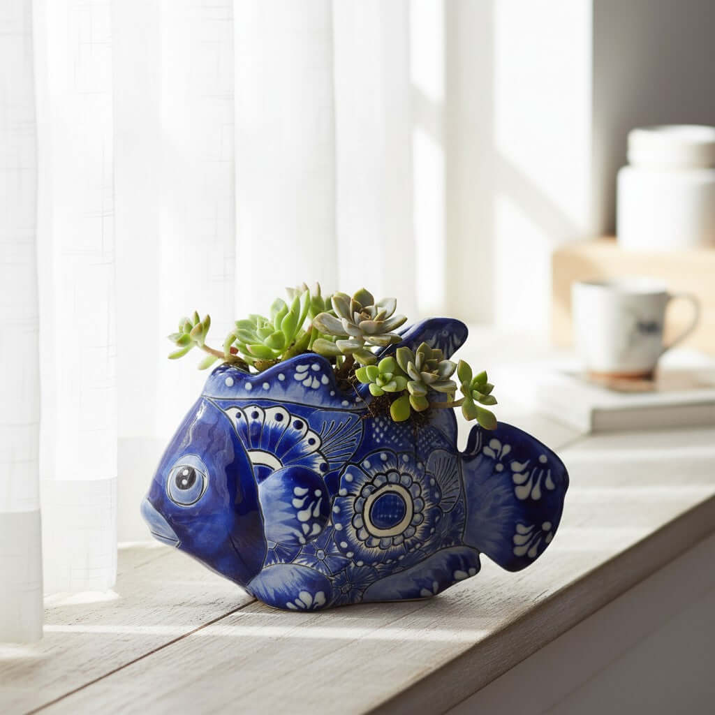 Talavera Fish Planter | Blue & White Design