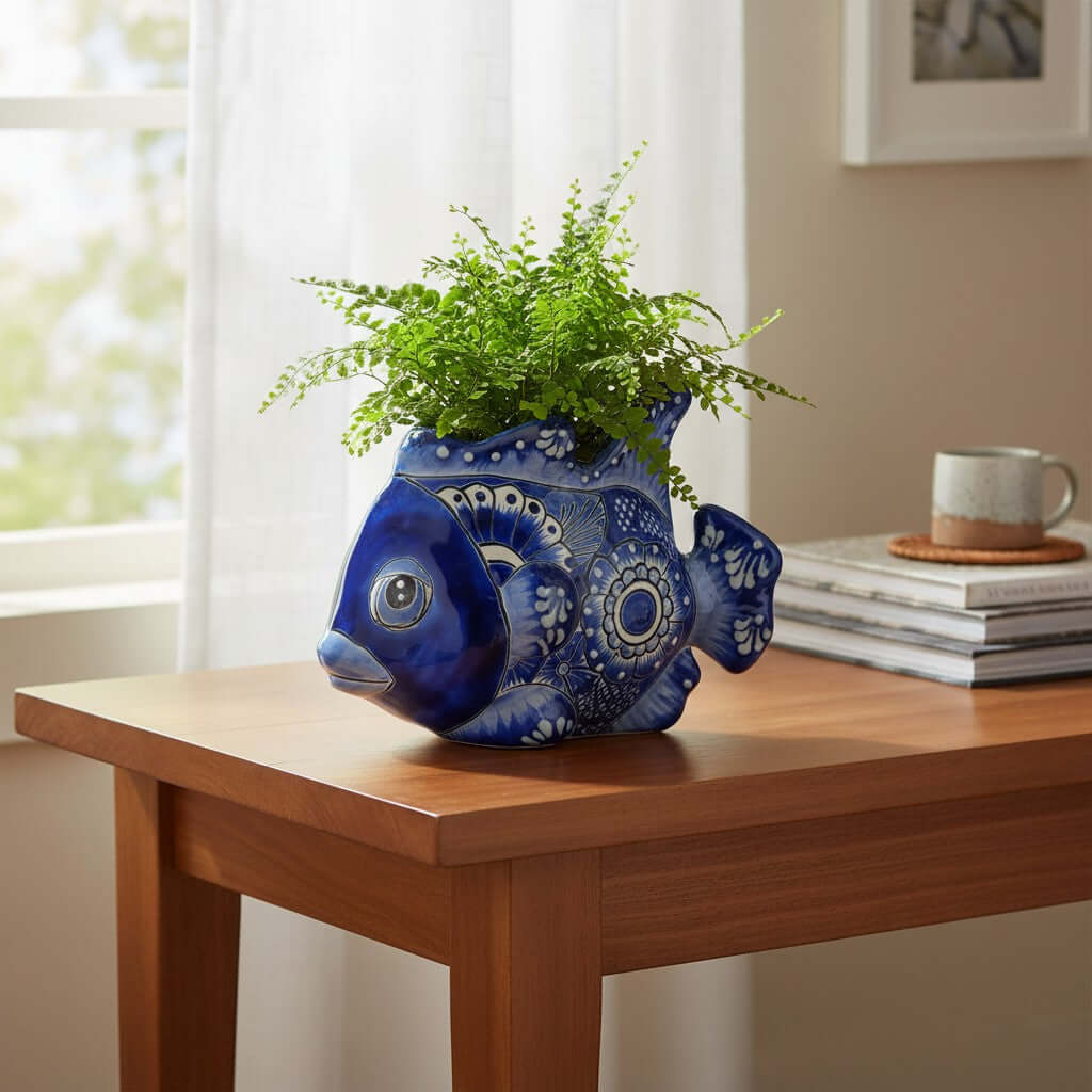 Talavera Fish Planter | Blue & White Design