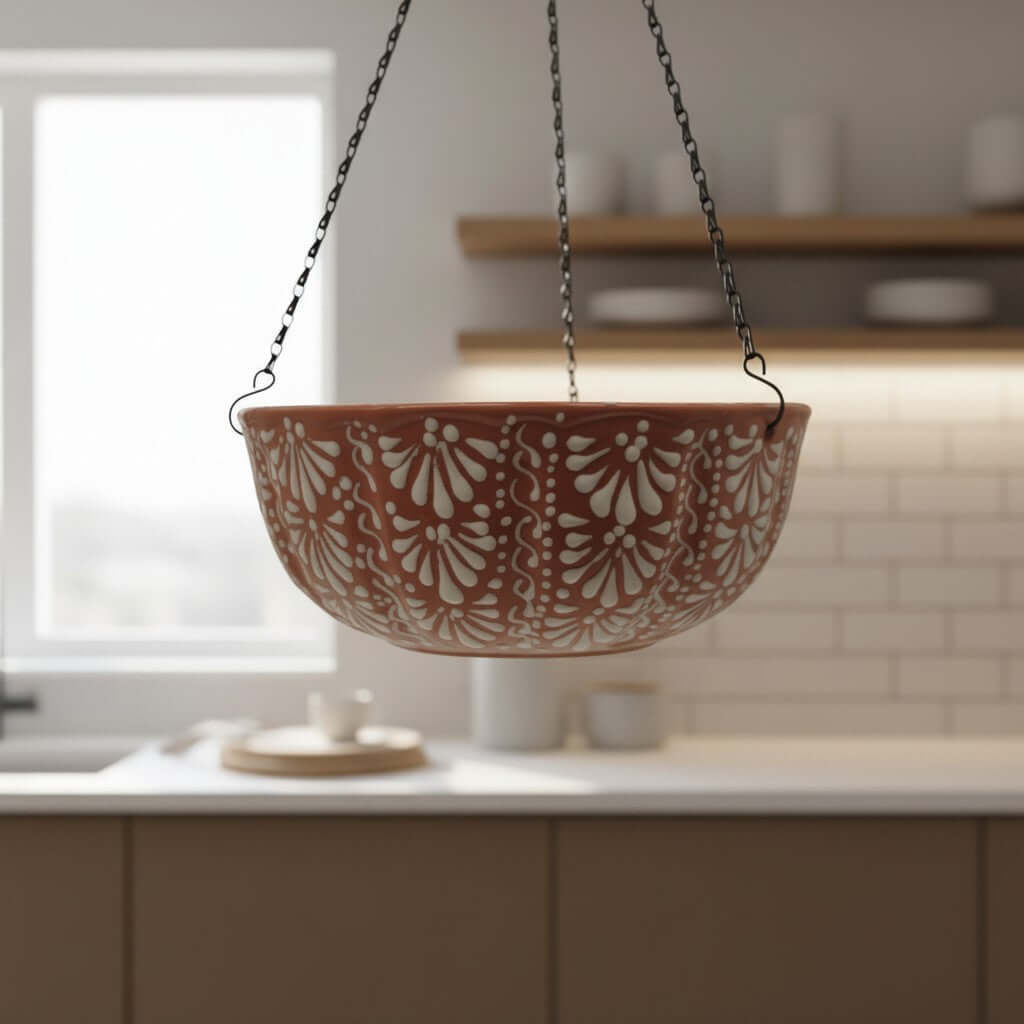 Brown & White Talavera Hanging Planter | Mexican Ceramic Pot