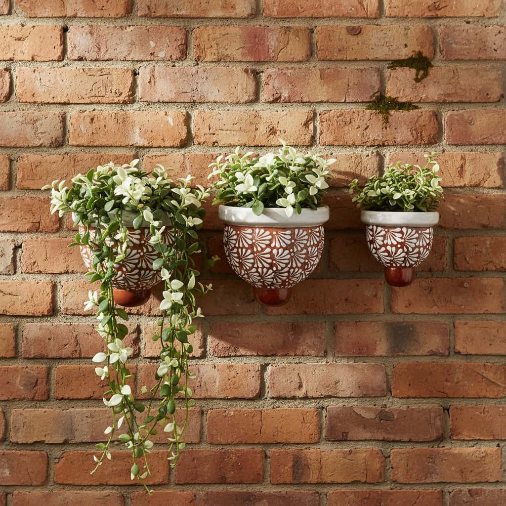 Set of 3 Talavera Wall Planters | Brown & White Floral Design