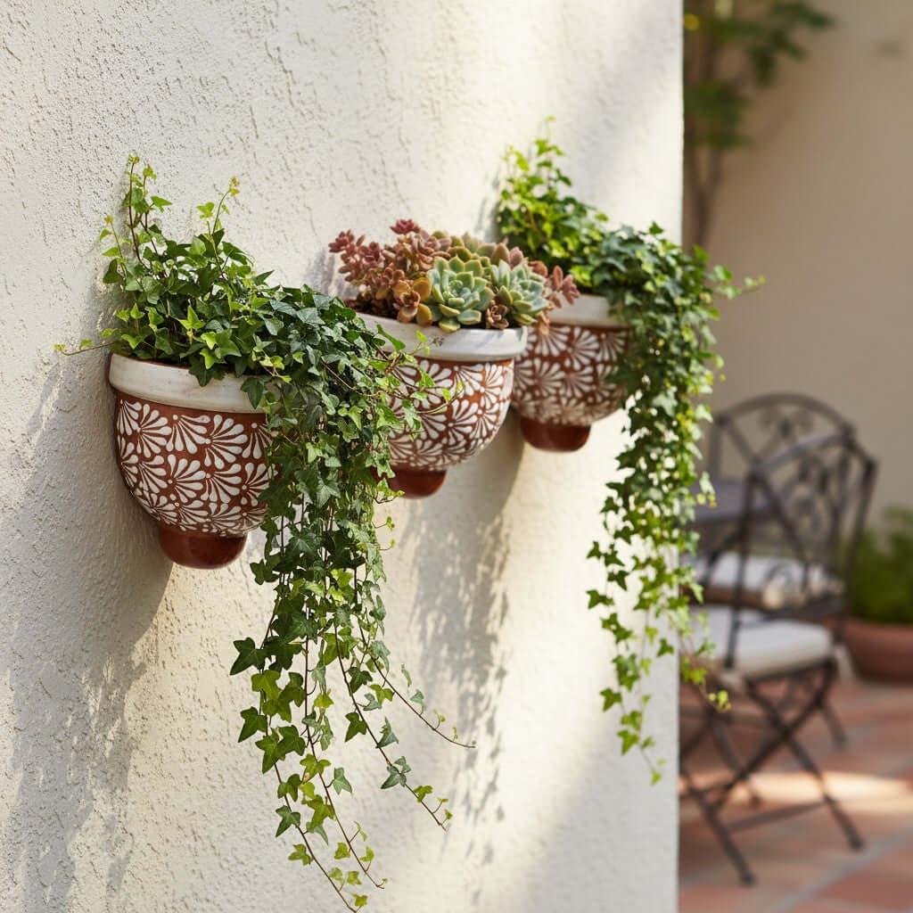 Set of 3 Talavera Wall Planters | Brown & White Floral Design