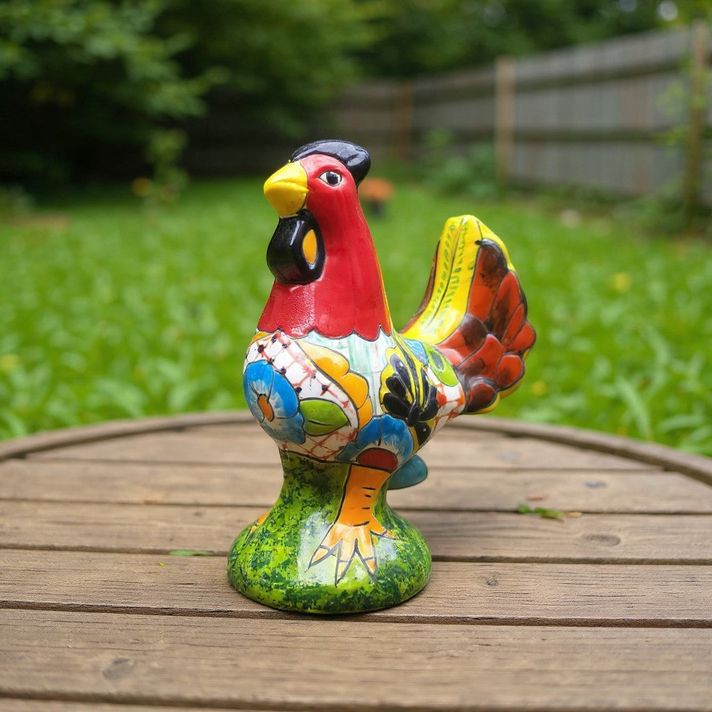 Colorful Handcrafted Talavera Rooster Statue | Mexican Folk Art Chicken Decor