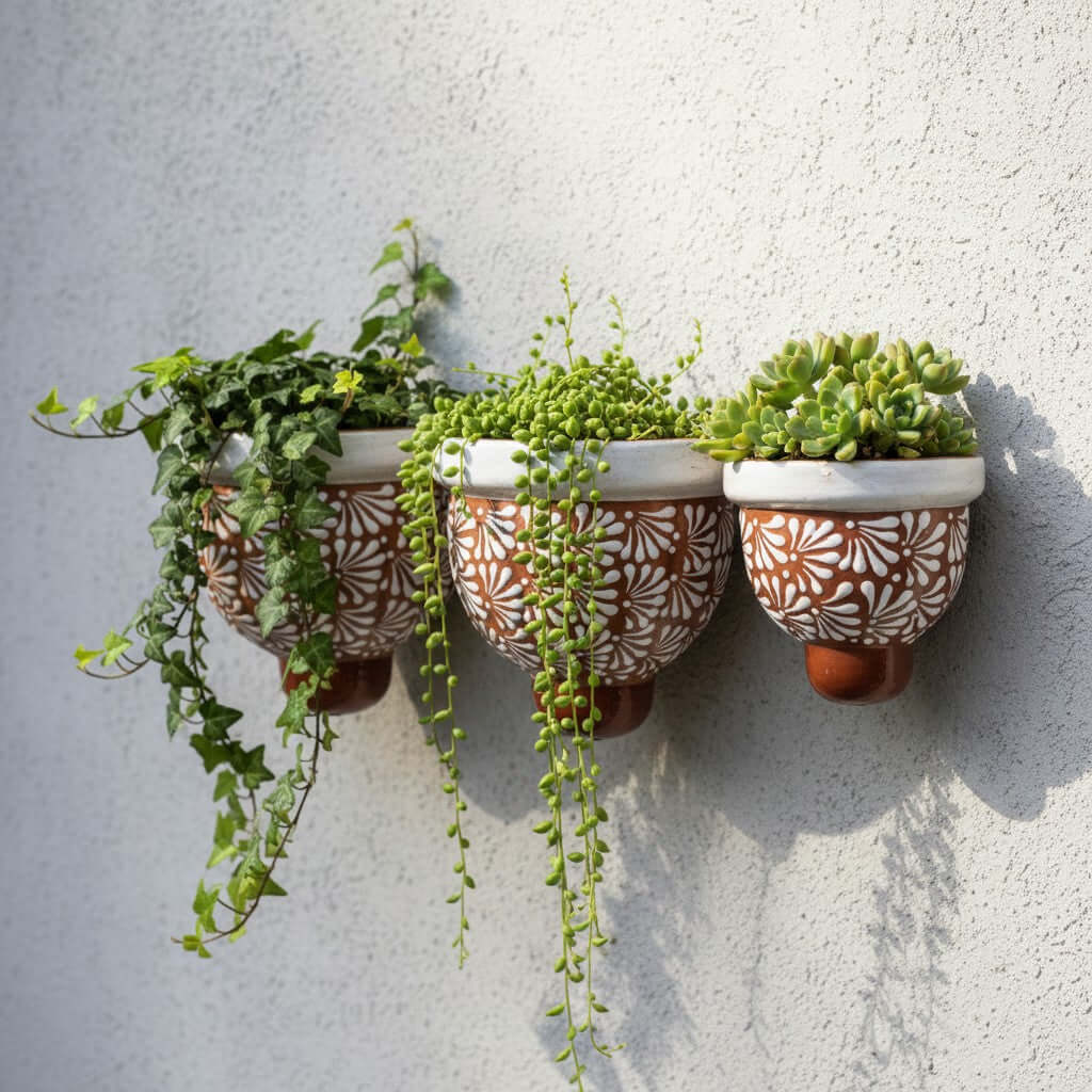 Set of 3 Talavera Wall Planters | Brown & White Floral Design