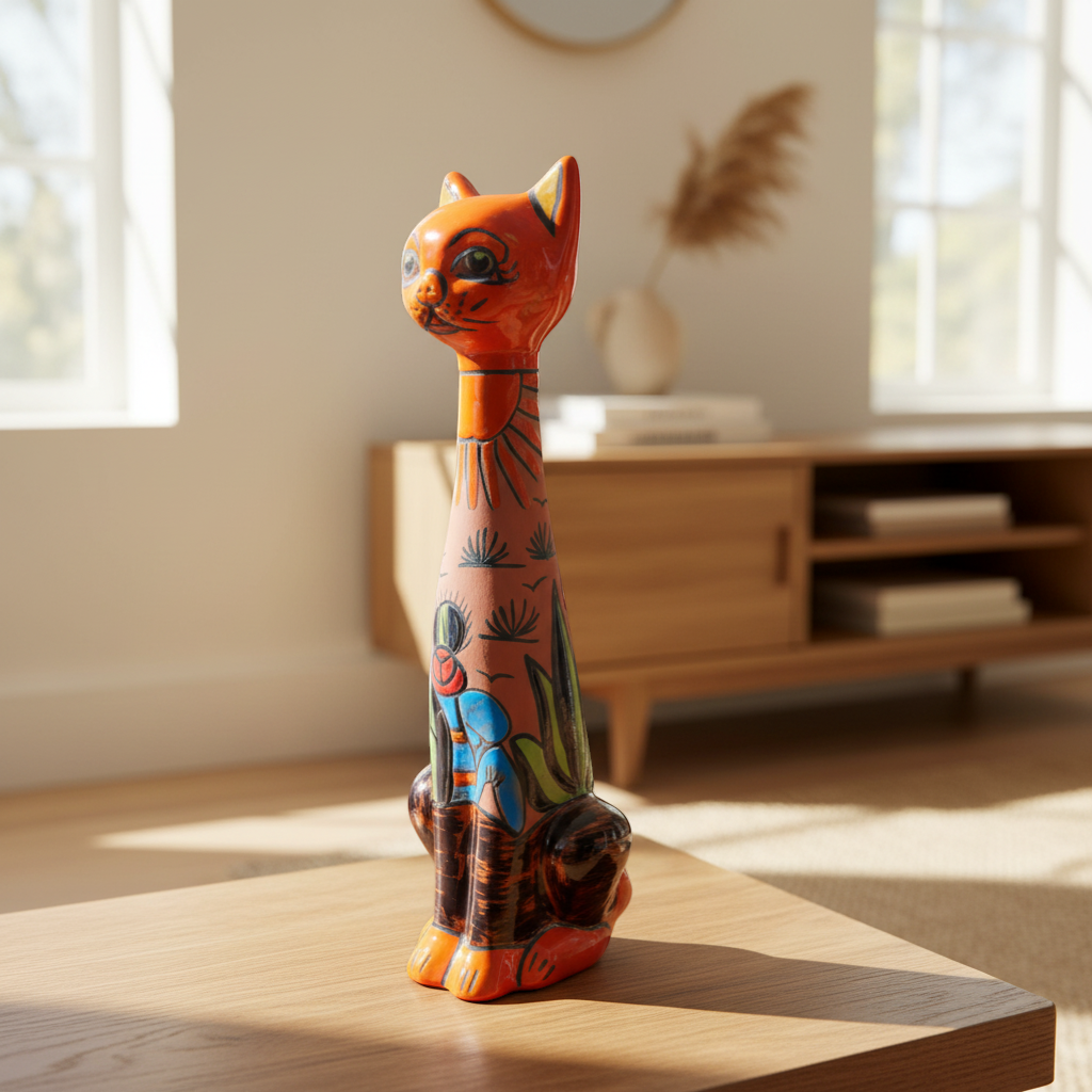 Tall Talavera Cat Statue | Mexican Terracotta Desert Design