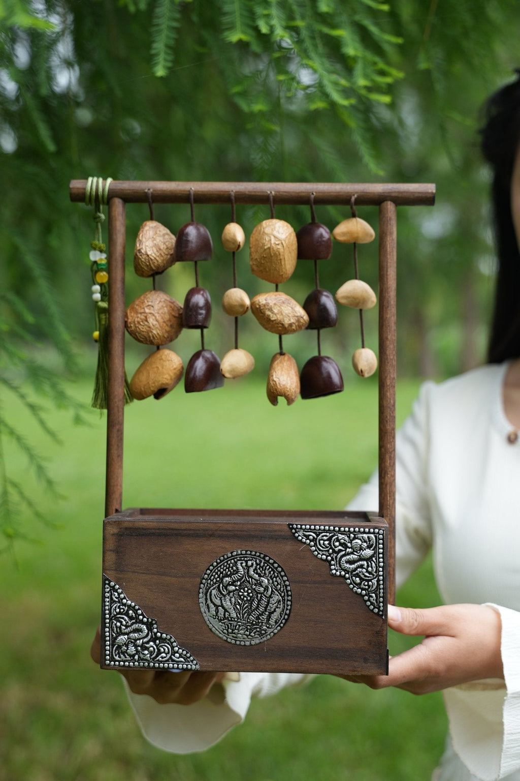 "The Zen Sanctuary" - Vintage Wood Tissue Box with Seed Wind Chime & Silver Relief
