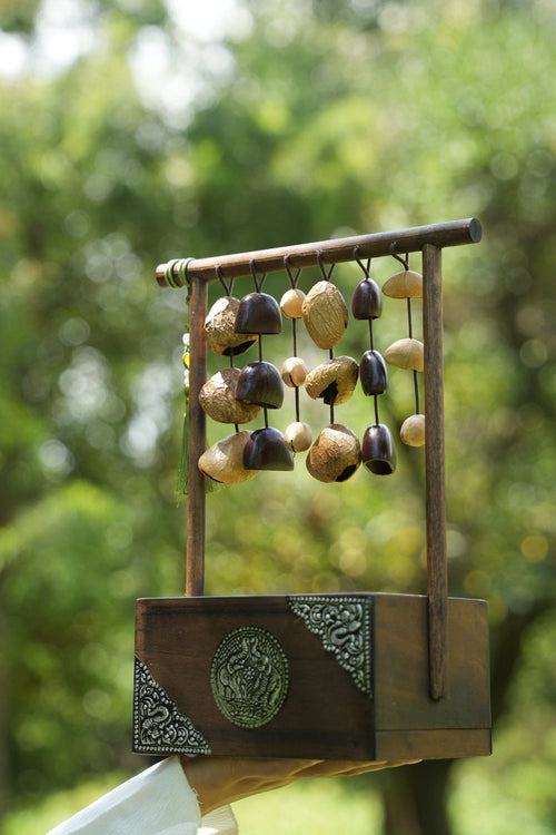 "The Zen Sanctuary" - Vintage Wood Tissue Box with Seed Wind Chime & Silver Relief