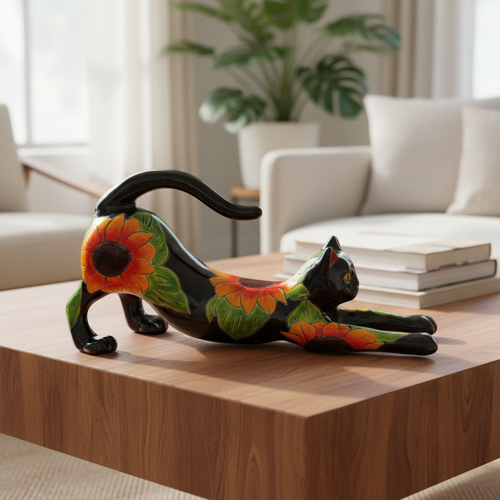 Talavera Stretching Cat Statue | Hand-Painted Sunflower Design
