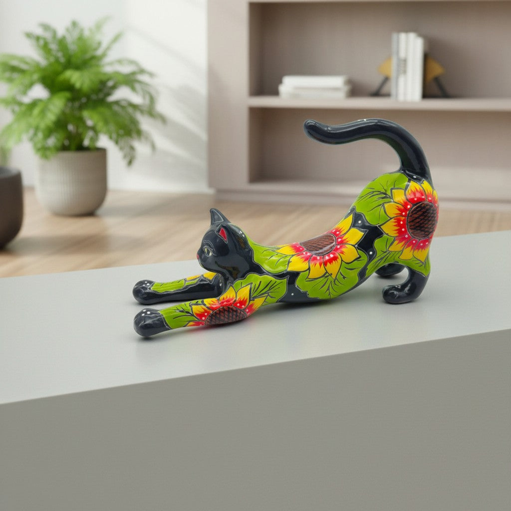Talavera Stretching Cat Statue | Hand-Painted Sunflower Design