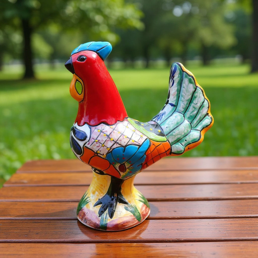 Colorful Handcrafted Talavera Rooster Statue | Mexican Folk Art Chicken Decor