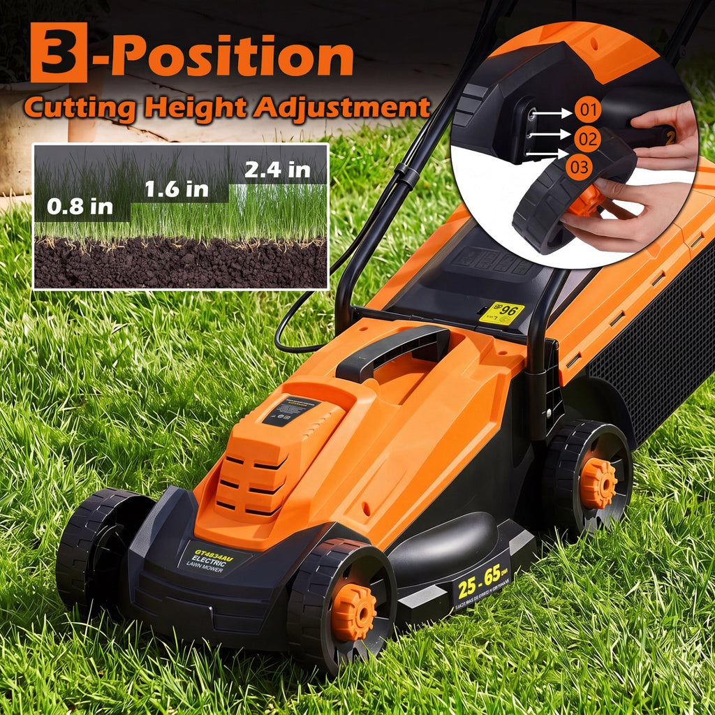 13-Inch Corded Electric Lawn Mower with 3-Position Height Adjustment