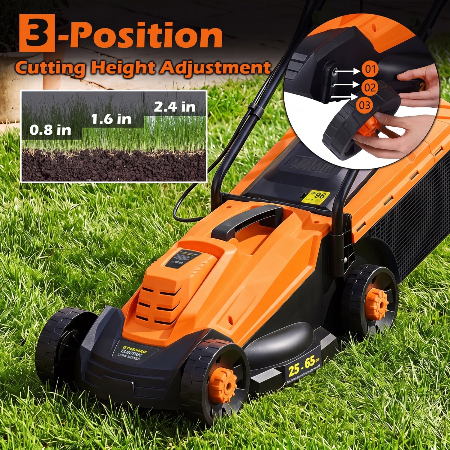 13-Inch Corded Electric Lawn Mower with 3-Position Height Adjustment