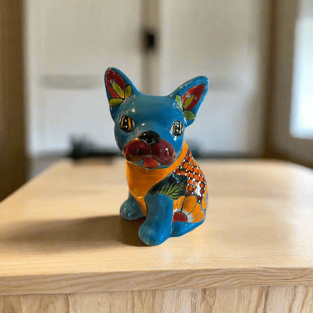 Vibrant Handcrafted Talavera French Bulldog Statue | Unique Medium Dog Sculpture
