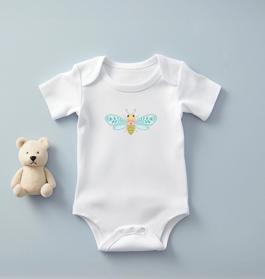 Folk Art Bee Organic Onesie - on White (Celebrate Pollinators)