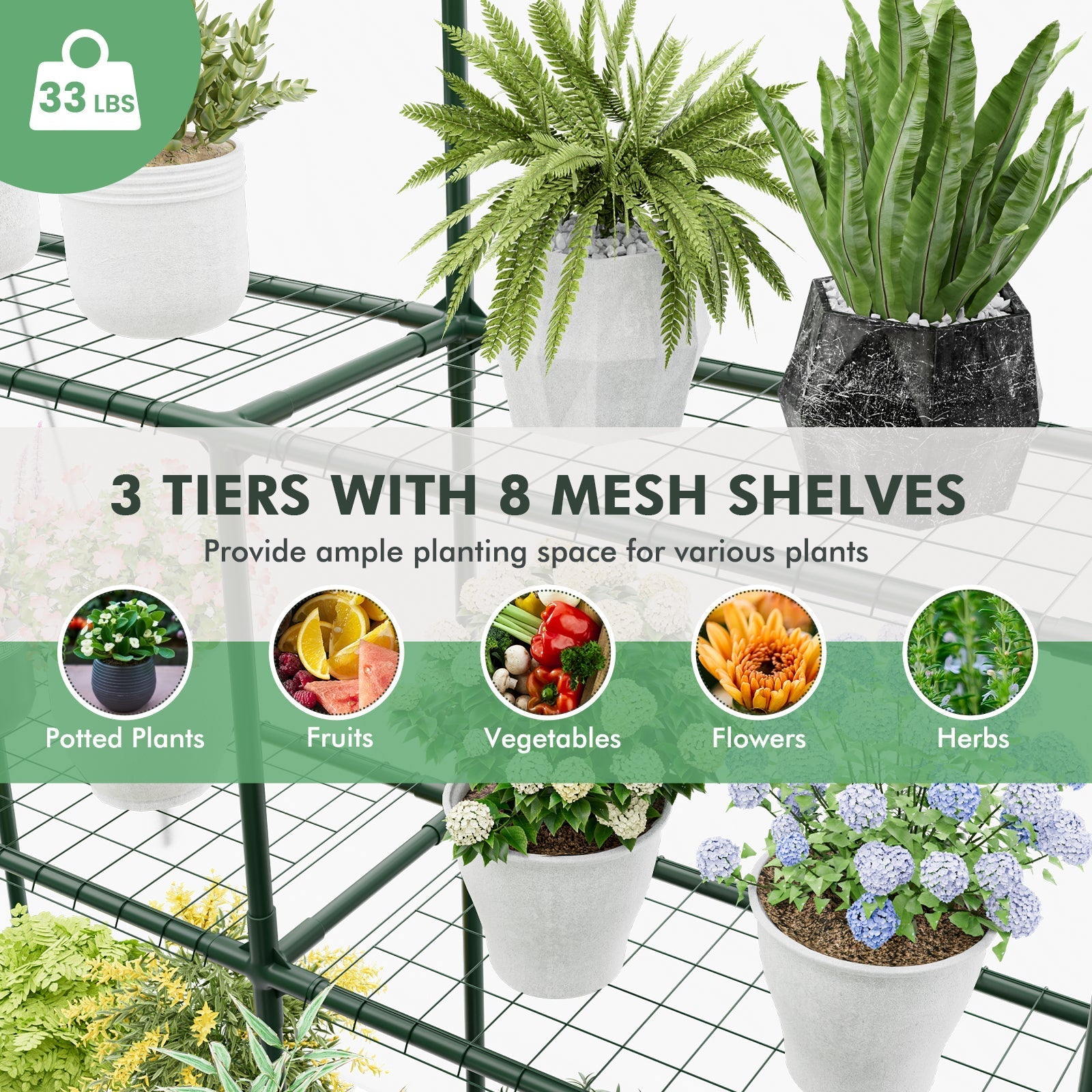 Walk-in Greenhouse with 3 Tiers 8 Shelves PVC Cover Roll-up Zippered Door