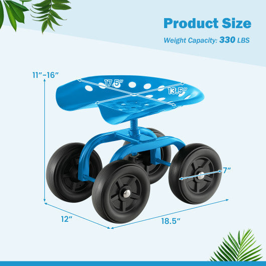 Costway Garden Rolling Workseat with 360 Swivel Seat and Adjustable Height-Blue