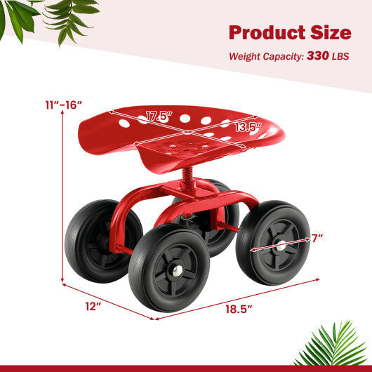 Costway Garden Rolling Workseat with 360 Swivel Seat and Adjustable Height-Red
