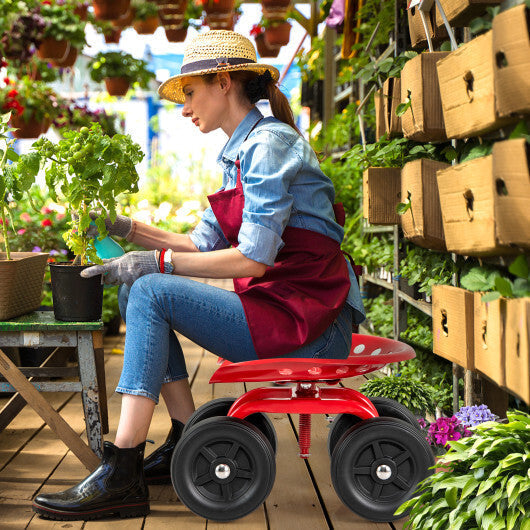 Costway Garden Rolling Workseat with 360 Swivel Seat and Adjustable Height-Red
