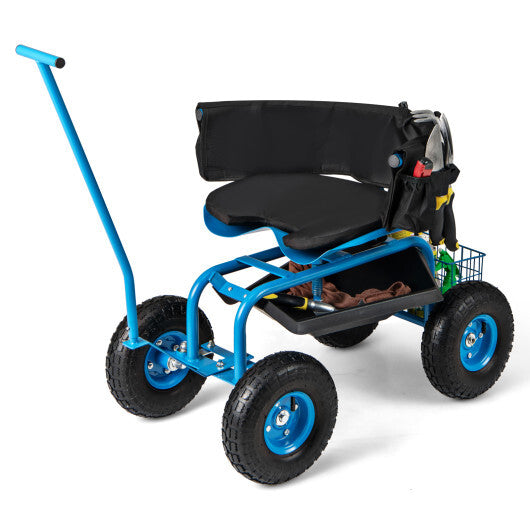 Costway Rolling Garden Cart with Height Adjustable Swivel Seat and Storage Basket-Blue