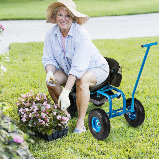 Costway Rolling Garden Cart with Height Adjustable Swivel Seat and Storage Basket-Blue
