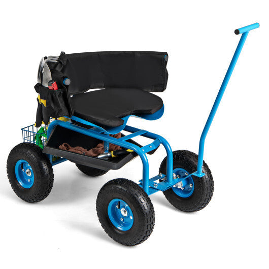 Costway Rolling Garden Cart with Height Adjustable Swivel Seat and Storage Basket-Blue
