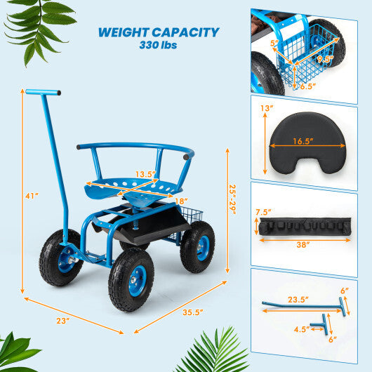 Costway Rolling Garden Cart with Height Adjustable Swivel Seat and Storage Basket-Blue