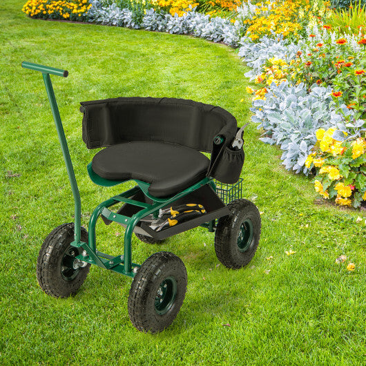 Costway Rolling Garden Cart with Height Adjustable Swivel Seat and Storage Basket-Green