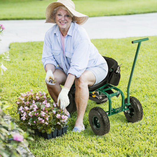 Costway Rolling Garden Cart with Height Adjustable Swivel Seat and Storage Basket-Green