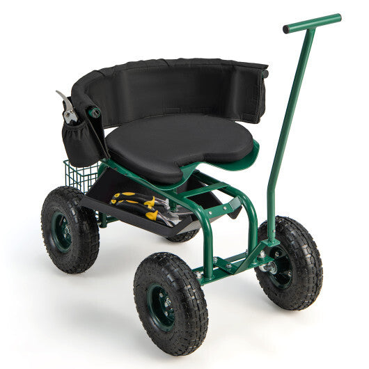 Costway Rolling Garden Cart with Height Adjustable Swivel Seat and Storage Basket-Green