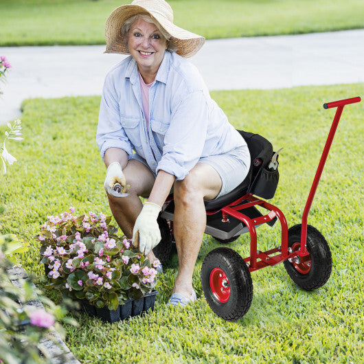 Costway Rolling Garden Cart with Height Adjustable Swivel Seat and Storage Basket-Red