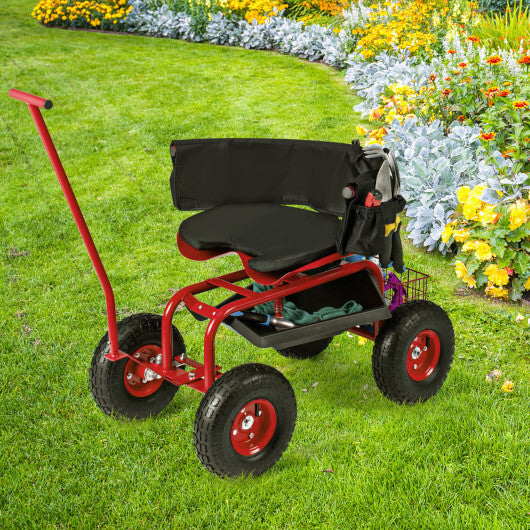 Costway Rolling Garden Cart with Height Adjustable Swivel Seat and Storage Basket-Red