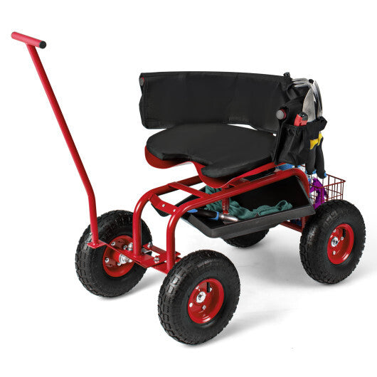Costway Rolling Garden Cart with Height Adjustable Swivel Seat and Storage Basket-Red