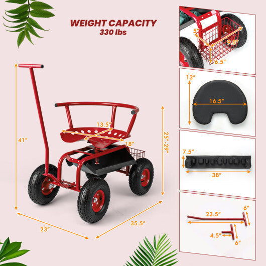 Costway Rolling Garden Cart with Height Adjustable Swivel Seat and Storage Basket-Red