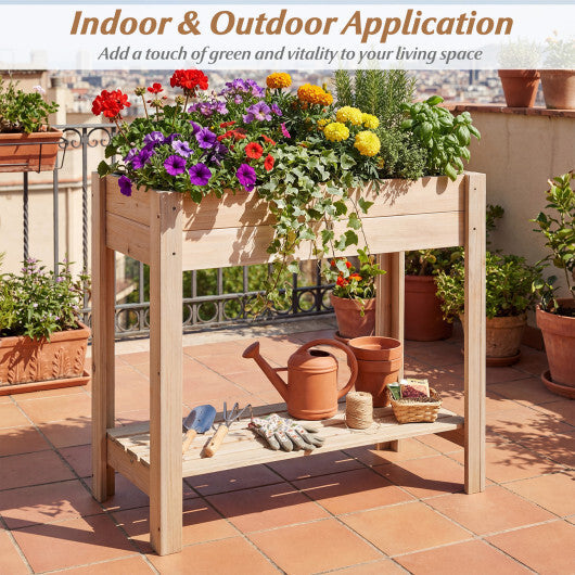 Costway Wooden Raised Garden Bed with Legs  Storage Shelf  Liner  Drainage for Backyard
