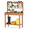 Potting Bench Table with Flip-up Tabletop  Storage Shelves for Patio Porch Balcony Brown