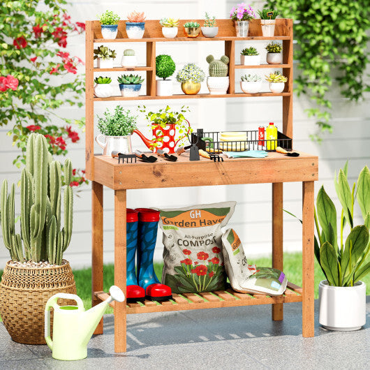 Potting Bench Table with Flip-up Tabletop  Storage Shelves for Patio Porch Balcony Brown