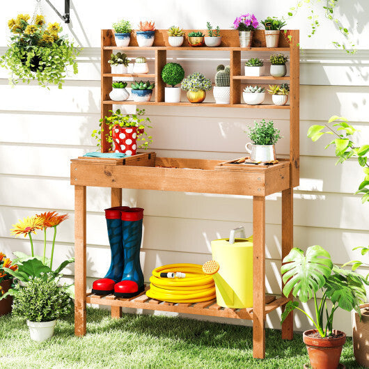 Potting Bench Table with Flip-up Tabletop  Storage Shelves for Patio Porch Balcony Brown