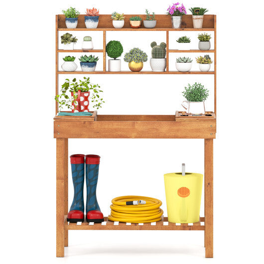 Potting Bench Table with Flip-up Tabletop  Storage Shelves for Patio Porch Balcony Brown