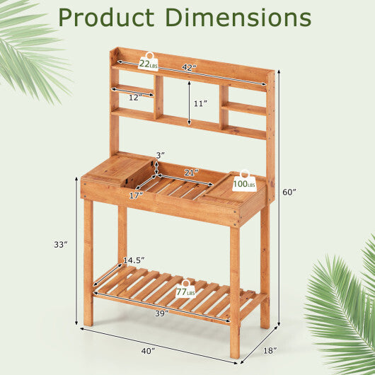 Potting Bench Table with Flip-up Tabletop  Storage Shelves for Patio Porch Balcony Brown