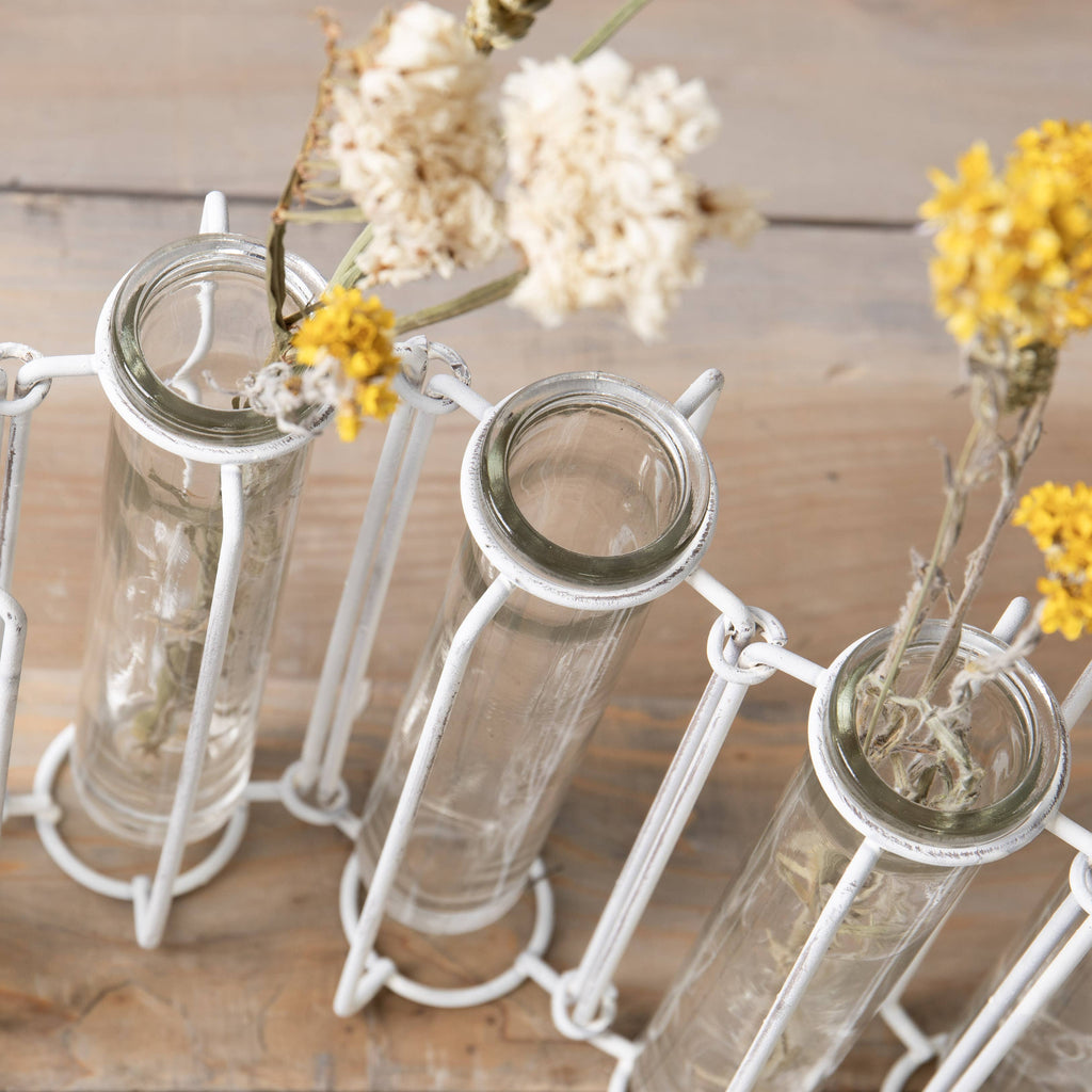 Rustic White Metal and Glass 5 Bud Vase