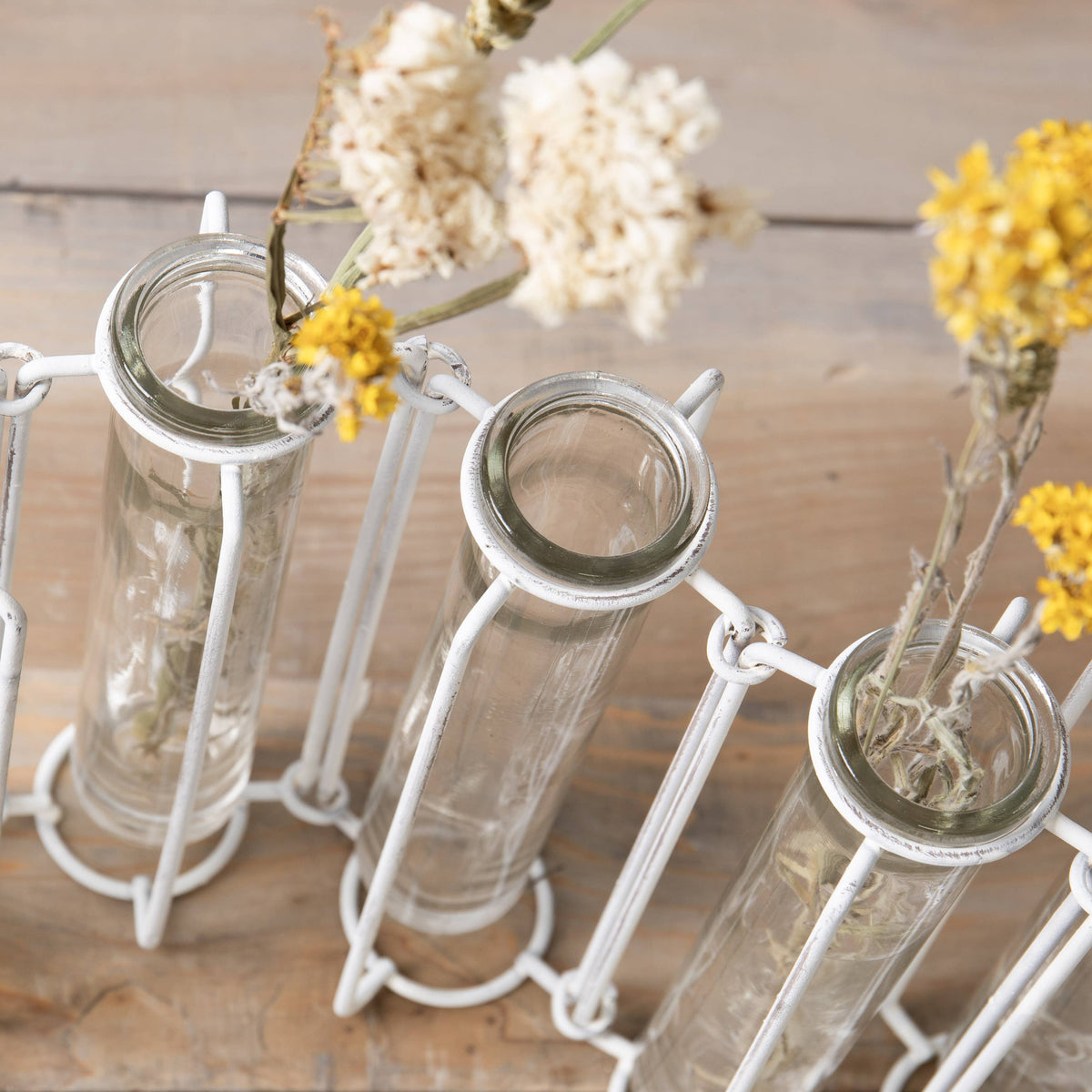 Rustic White Metal and Glass 5 Bud Vase